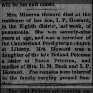 death of Minerva Peterson Howard, dau of Roland, sister of Burns