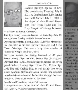Obituary for Darlene Sue Rye